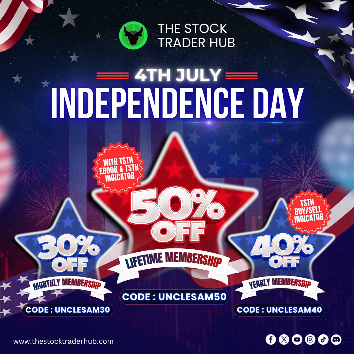 StockTraderHub's tweet photo. 4th of July Sale is live 🇺🇸🎆 

Celebrate with up to 50% OFF memberships at The Stock Trader Hub.

Links below:
https://t.co/La7wWcP1Sf 👈🏻 Monthly

https://t.co/zADy4d5sYL 👈🏻 Yearly

https://t.co/VtGTK9jcK9 👈🏻 Lifetime

$SPY $SPX $AAPL $HOOD $NVDA $IBM https://t.co/51URJbbEMb