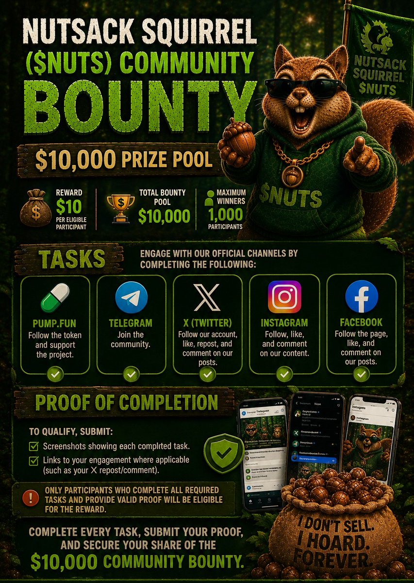 nutsacksqirrel's tweet photo. 🐿️ $10,000 $NUTS COMMUNITY BOUNTY IS LIVE! 🥜

 Earn $10 by completing our community tasks.

✅ Follow on https://t.co/sSkonTBeXG
✅ Join Telegram
✅ Follow, Like, Repost & Comment on X
✅ Follow, Like & Comment on Instagram
✅ Follow, Like & Comment on Facebook

📸 Submit your proof directly through the official https://t.co/sSkonTBeXG bounty page and claim your $10 reward.

🏆 Prize Pool: $10,000
👥 Max Winners: 1,000

Join the bounty:
https://t.co/ODqHxbk6r9

 Telegram: https://t.co/JRcI6gpyYl
 X: https://t.co/0Gx7YxBEIi
 Website: https://t.co/7deX8GflgI
Facebook: https://t.co/CzMg8aOTen
Instagram: https://t.co/dCWekARt4j

Complete all tasks, submit your proof, and secure your share of the $10,000 Community Bounty! 🐿️🥜