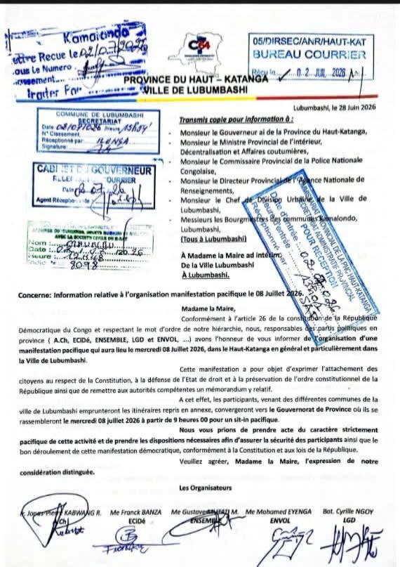 MAshuza's tweet photo. L’opposition dans les villes lubumbashi (haut -katanga), lualaba (kolwezi ),lomami (mwene -ditu) a déjà informe l’autorité urbaine de la marche du 8 juillet vers le palais de la nation, #tshilombo doit partir @StanysBujakera @DSESANGA @moise_katumbi @MartinFayulu @StanysBujakera https://t.co/hQ0gpVtHVg