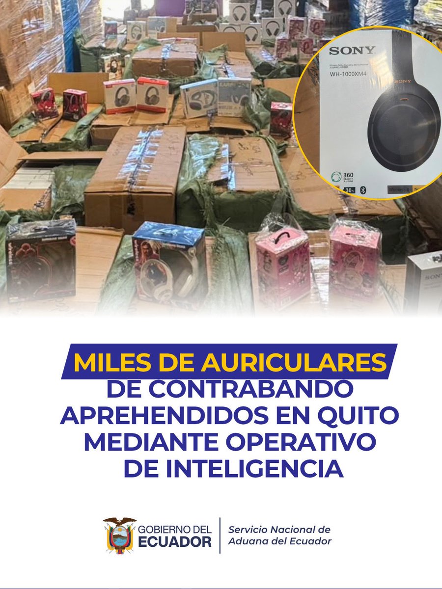 SENAE_Aduana's tweet photo. 🚨 ¡Golpe al contrabando! 🚨

Mediante un operativo de inteligencia ejecutado por nuestro Cuerpo de Vigilancia Aduanera en Quito, se logró la aprehensión de 2.955 auriculares que eran movilizados en un vehículo de alquiler y ocultos en varios cartones, intentando ser trasladados como encomiendas. 📦🎧

La mercancía no contaba con la documentación legal que respalde su traslado y posterior comercialización en el país. La aprehensión supera una valoración de 💰 $47.000.

Seguimos fortaleciendo nuestros controles para frenar el contrabando y proteger el #NegocioLegal y la economía nacional. 🇪🇨🛃 #LuchaContraElContrabando