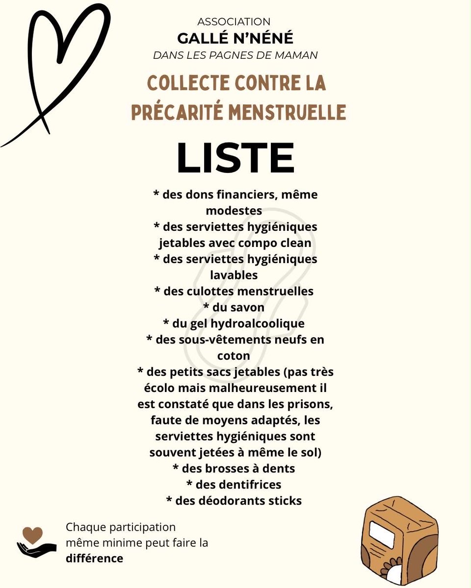 Fanta__d's tweet photo. Hello mes énormes loulous 🤍,

L’association Galle N’nene organise en août un événement dans la maison d’arrêt pour femmes de Liberté 6 (au 🇸🇳). Durant cet événement, une distribution de kits d’hygiène et dignité aura lieu. 

Soutenez la cause ici : https://t.co/D46ivD7vit

#RT https://t.co/xrF660ly8E