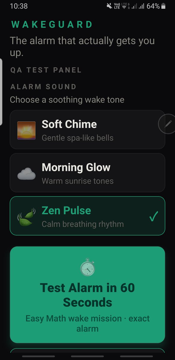 jayantmarwaha's tweet photo. Transitioned from backend logic to interface testing today. 📱Shipping the QA panel for WakeGuard. 🛠️Testing the 60-second math mission execution loops.Making sure the audio engine never freezes. 🧠#buildinpublic https://t.co/KTA7xWRLlu