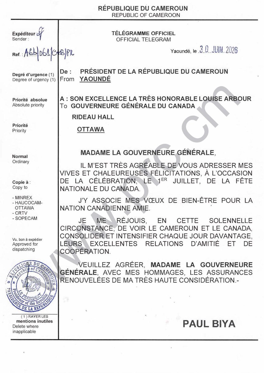 CabinetCivilPRC's tweet photo. 🇨🇲🇨🇦
Message de félicitations du Président Paul Biya à Son Excellence la Très Honorable Louise Arbour, à l'occasion de la célébration de la fête nationale du Canada, le 1er juillet 2026.

#PaulBiya
#Cameroun https://t.co/BrUjeX2mIc