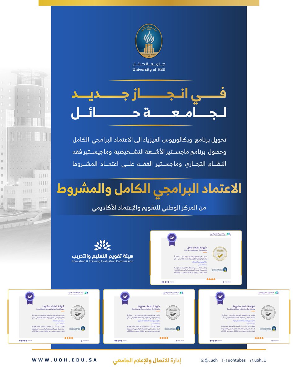 _UOH's tweet photo. #إنجاز | ✨
#جامعة_حائل تحصل على اعتماد أكاديمي لأربعة من برامجها https://t.co/qQTOfFzoBY