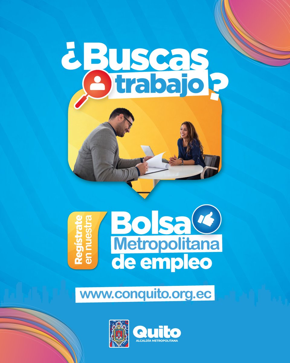 ConquitoUIO's tweet photo. 💼 #BuenasNoticias | ¿Buscas trabajo? Da el siguiente paso con la Bolsa Metropolitana de Empleo de #ConQuito. Registra gratis tu hoja de vida, postula a vacantes y conecta con nuevas oportunidades laborales. 🚀

Regístrate aquí🔗 https://t.co/eUPrzPif68

#QuitoRenace https://t.co/uHg5RORmiv
