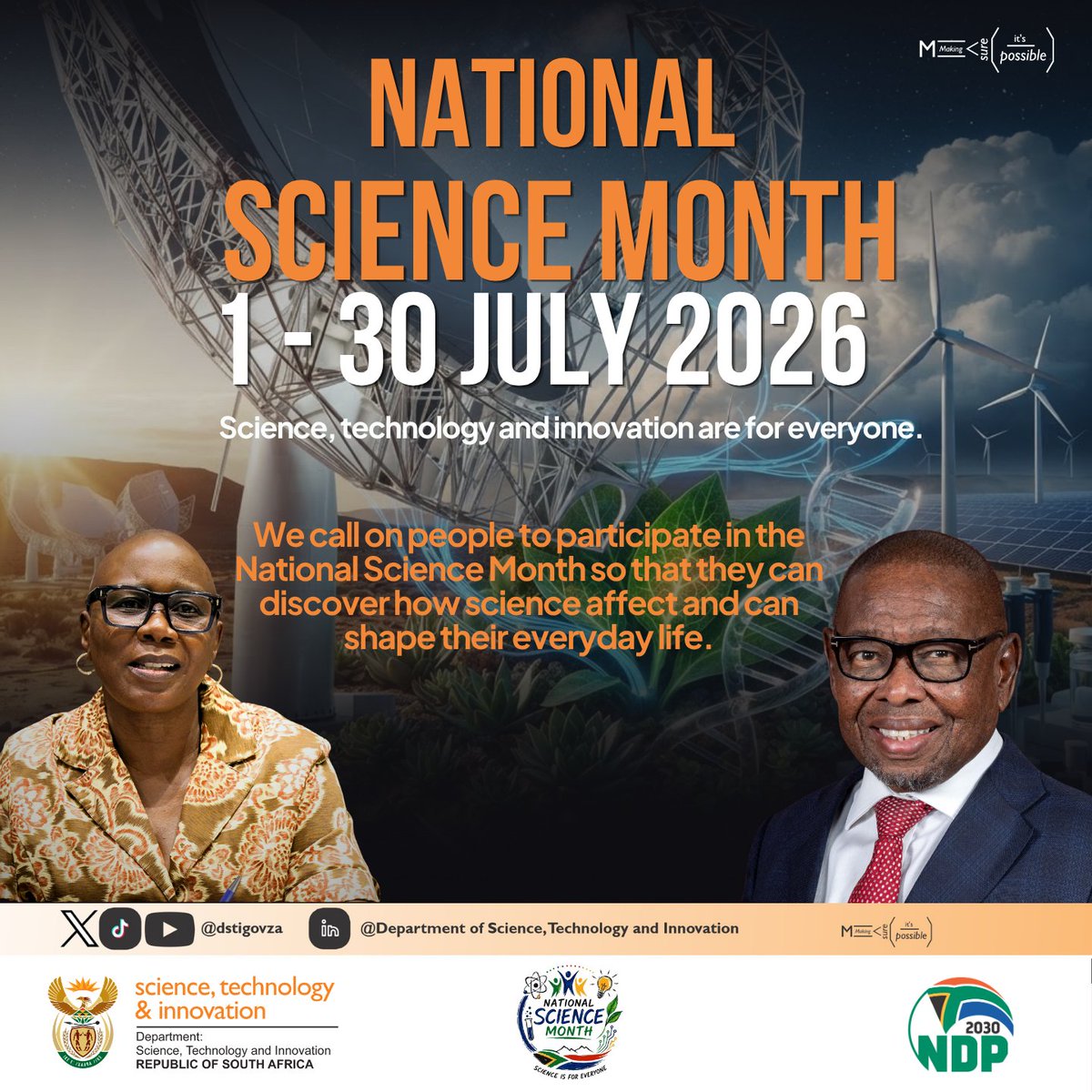 dstigovza's tweet photo. The Minister of Science, Technology and Innovation, Prof. Blade Nzimande, will officially launch the inaugural 2026 National Science Month (NSM), a month-long national programme held under the theme “Science, technology and innovation are for everyone”. https://t.co/3crUOH5OTl
