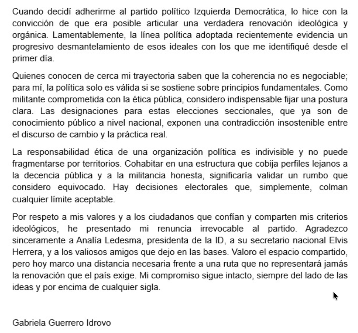 fabriciovelav's tweet photo. ¿Nueva crisis interna en Izquierda Democrática?

El ex candidato presidencial Carlos Rabascall se desafilió del partido argumentando "una reflexión personal y en coherencia con mis convicciones así como con la decisión de concluir definitivamente mi participación en la actividad política y partidista ".

El mismo camino siguió la activista feminista Gabriela Guerrero Idrovo, tras cuestionar el proceso de selección de precandidaturas.