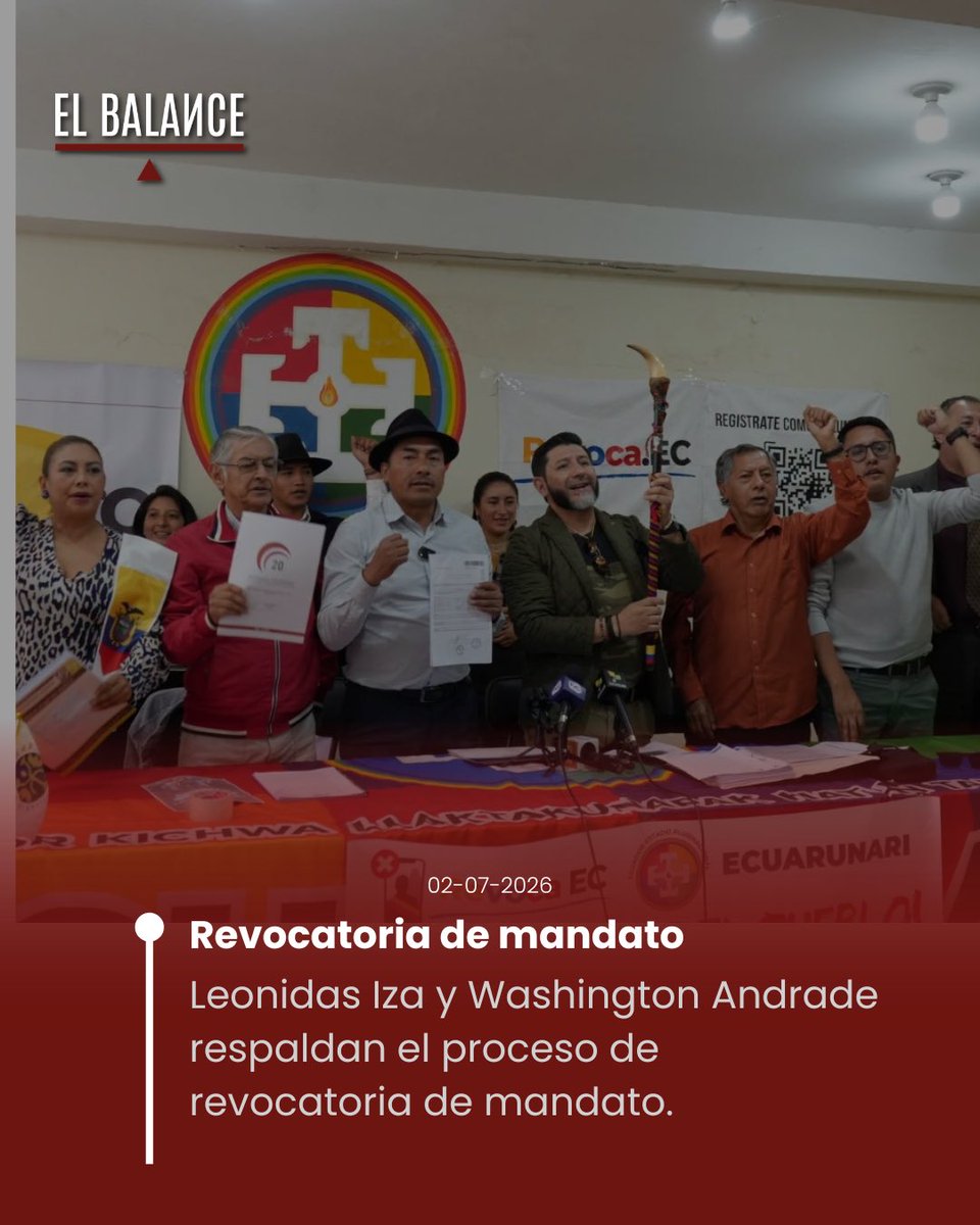 ElBalance_EC's tweet photo. REVOCATORIA DE MANDATO

El presidente de la ECUARUNARI, Leonidas Iza, (@LeonidasIzaEc) y el abogado Washington Andrade (@Drwandradee) participaron en una rueda de prensa en la que se pronunciaron sobre el proceso de revocatoria de mandato del presidente Daniel Noboa.

Durante el encuentro con los medios, Leonidas Iza sostuvo que la iniciativa de revocatoria no responde a intereses particulares, sino que refleja el sentir de diversos sectores de la sociedad ecuatoriana, entre ellos pueblos y nacionalidades indígenas, trabajadores, campesinos y ciudadanos que consideran que el país atraviesa una situación crítica y demandan respuestas frente a los problemas que enfrentan diariamente.

Por su parte, Washington Andrade señaló que el proceso de revocatoria constituye un mecanismo de participación ciudadana previsto en la Constitución, mediante el cual la población puede evaluar la gestión de las autoridades elegidas cuando considera que no han cumplido con las responsabilidades asumidas durante su mandato.

Durante la rueda de prensa también se expusieron preocupaciones relacionadas con la situación nacional. Entre los temas mencionados estuvieron el incremento de la inseguridad, el desabastecimiento de medicamentos e insumos en hospitales públicos, el aumento del precio de los combustibles y el deterioro de las condiciones de vida de amplios sectores de la población.

Asimismo, los participantes cuestionaron que el incremento del IVA al 15 %, implementado como una medida para fortalecer las finanzas del Estado, no se haya traducido —según señalaron— en mejoras visibles en materia de seguridad, servicios públicos o atención de las necesidades básicas de los ciudadanos.

Finalmente, Leonidas Iza y Washington Andrade reiteraron que la revocatoria de mandato es un instrumento democrático contemplado en la Constitución ecuatoriana y señalaron que su desarrollo debe realizarse dentro del marco legal y con respeto a los mecanismos de participación ciudadana establecidos en la normativa vigente.

Reporta: @alvatin18 

#SomosElBalance
#PeriodismoIndependiente