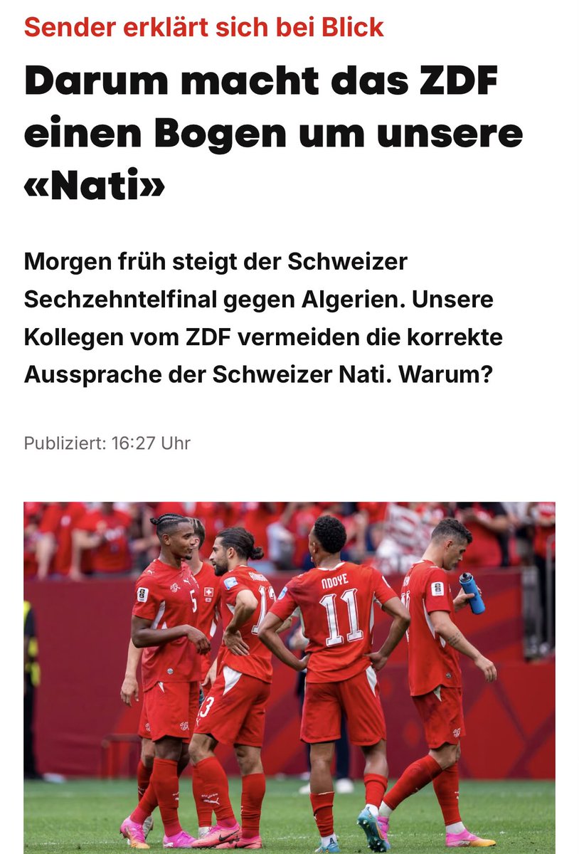 queru_lant's tweet photo. Das linke Haltungs-, Betreu- und Erziehungsfernsehen ZDF weigert sich bei seiner Berichterstattung unsere Schweizer Nationalmannschaft „Nati“ (ausgesprochen „Natzi“) zu nennen. Man beharrt auf der Aussprache „Naati“, also die Kurzform des Namens Nathalie.

Die ZDF-Begründung: „In Deutschland kann niemand die Silben ‹na-zi› hören, ohne an Verbrechen gegen die Menschlichkeit zu denken.“

Wir Schweizer empfinden es als respektlos, wenn arrogante Deutsche unsere Mundart aus linksideologischen Gründen absichtlich falsch aussprechen.