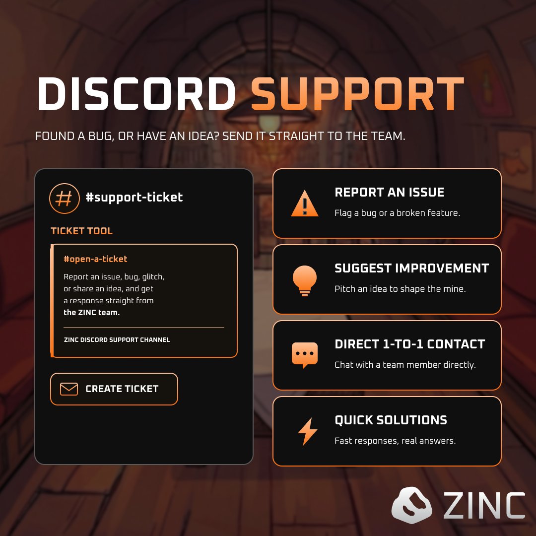 zinc_cash's tweet photo. Our Discord channel has a dedicated Support section.

If you are facing any problems or have any valuable feedback, open a ticket and get in touch directly with the ZINC team. 

🦺 https://t.co/0aiHVwK6ES
