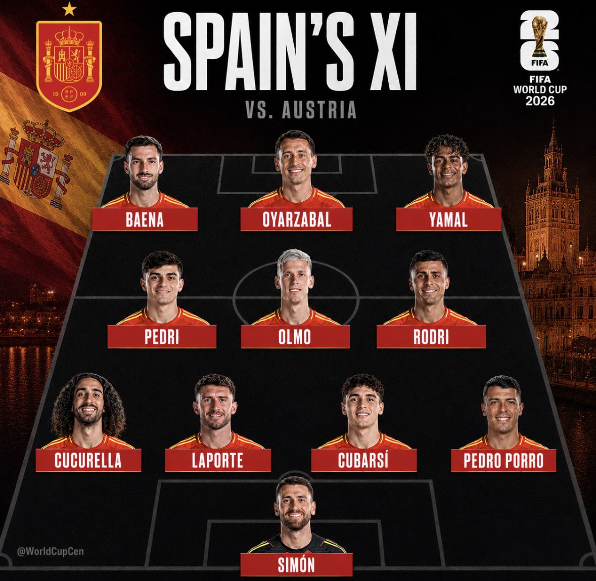 WorldCupCen's tweet photo. 🇪🇸 SPAIN XI 🇦🇹 AUSTRIA XI
The line-ups are in for this World Cup 2026 clash.
Can Spain continue their impressive campaign, or will Austria cause an upset? ���🔥
#WorldCup2026 #ESPAUT https://t.co/jw535GRRyv