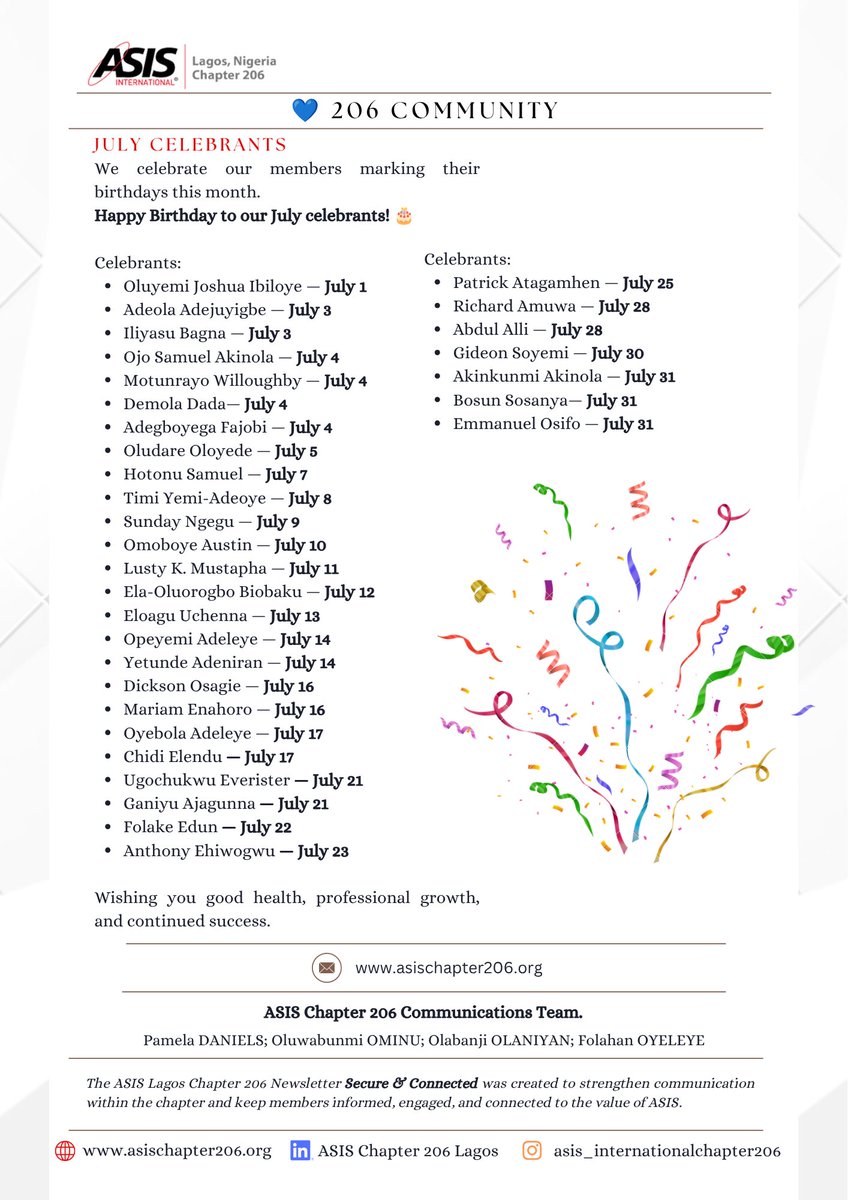 ASIS_206's tweet photo. of ASIS Lagos Chapter 206.

We encourage you to read, stay connected, and get involved as we build a stronger, more engaged security community together.

ASIS Chapter 206 Lagos EXCO https://t.co/nhTqJxogBw