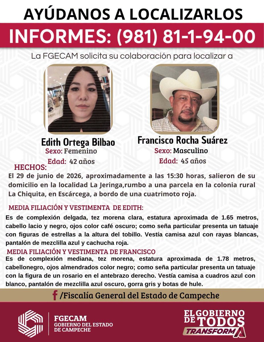 azucenau's tweet photo. 🚨"Clamamos a ustedes, para que no seamos un número más (...) que no seamos huérfanas": las hijas de Edith Ortega Bilbao y Francisco Rocha Suárez denuncian el secuestro de sus padres.

Exigen la intervención urgente de la presidenta Claudia Sheinbaum y autoridades federales ante la desaparición, ocurrida con violencia en Escárcega, Campeche.

Dayana Rocha detalló que el secuestro se registró el 29 de junio cuando la pareja se dirigía a su trabajo en un rancho rumbo a la colonia rural "La Chiquita".

Además, denuncian que han sido víctimas de amenazas y extorsiones desde la desaparición.

La Comisión Local de Búsqueda de Personas de Campeche informó que ya desplegó un operativo.