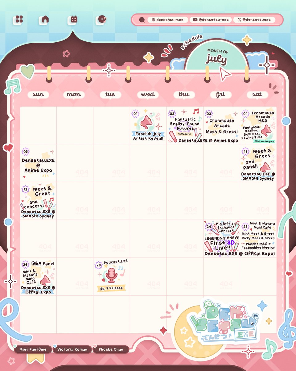densetsuexe's tweet photo. 【📣MONTHLY SCHEDULE!⚡️】

Get ready for July, denshi!✨
Events, events, events! It's full speed ahead!
🩷💚🩵

Are you coming to our 3D live!?

⚡️General ⇒ #DensetsuEXE 
▶️Livestream ⇒ #MVPLetsGo
🎥Clips ⇒ #MVPlayback
🎨Fanworks ⇒ #DensetsuPNG
📸Oshikatsu ⇒ #Denshikatsu https://t.co/HVMQYoKfqm