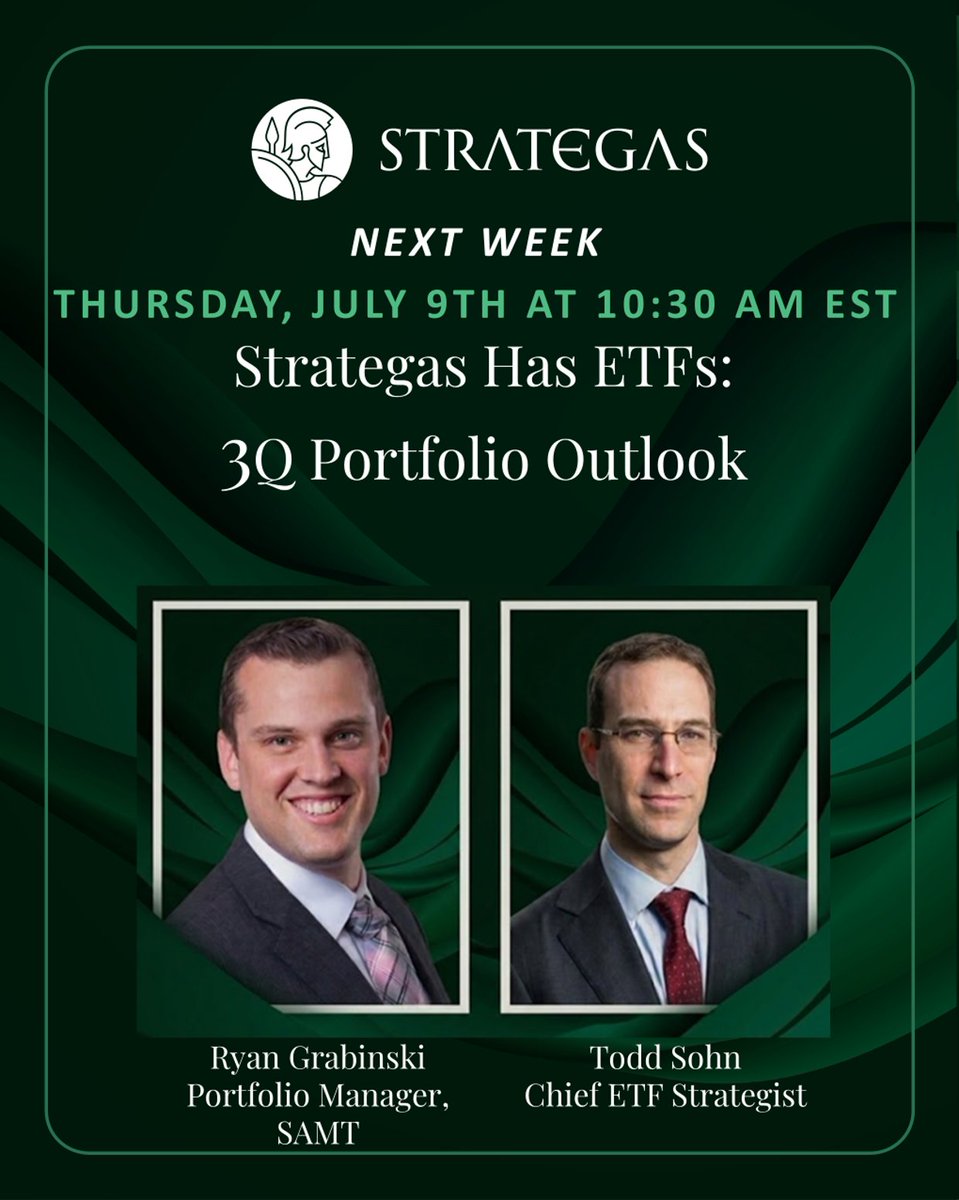 strategasasset's tweet photo. Join Portfolio Manager Ryan Grabinski and Chief ETF Strategist @Todd_Sohn from the Strategas Asset Management team for a 3Q update and Q&A on Strategas ETFs. Next Thursday, July 9th at 10:30 AM EST. Feel free to reply to this post with any questions you may have regarding our products – any topic is suitable.

Click Here to Register for the Strategas ETFs Webinar: https://t.co/m4pL0MOxuS