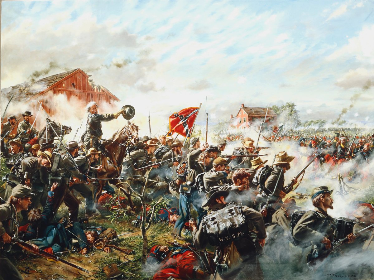 trueliberal1848's tweet photo. Today 163 years ago, July 2: Two feats of extraordinary courage and sacrifice. Confederate Brigadier General William Barksdale leads his brigade in a successful flanking attack (carried out by the divisions of McLaws and Anderson) on Union III Corps at the Peach Orchard, routing and nearly destroying it. Shortly thereafter, with Confederate forces threatening to break the Union center, Union Major General Winfield Scott Hancock orders Colonel William Colvill and his 1st Minnesota Infantry Regiment to launch a bold attack, outnumbered 6 to 1, against Brigadier General Cadmus Wilcox's brigade of Alabamians.