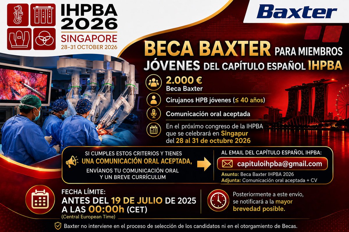 CEIHPBA's tweet photo. 💶 Beca Baxter 2026

Si tienes una comunicación oral aceptada para #IHPBA2026 y cumples los requisitos, presenta tu candidatura.

📩 capituloihpba@gmail.com

⏰ 19 julio https://t.co/REC7lpc9mp
