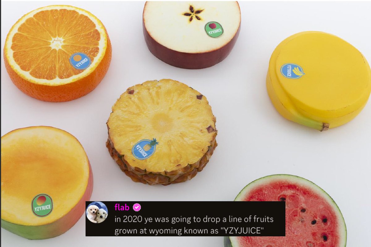 yeunrlsd's tweet photo. New Grail Ye Info: Ye was going to drop Wyoming-grown line of fruits in 2020

Named “YZYJUICE” https://t.co/0zRzKtdxSl