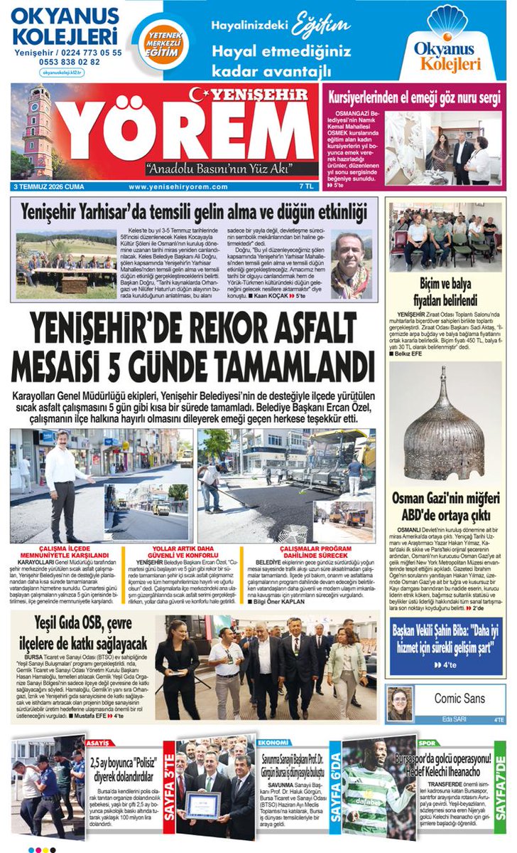 YYoremGzt's tweet photo. 03 Temmuz 2026 Cuma Yenişehir Yörem Gazetesi 1. Sayfası, Gazetemizin 8 Sayfasının tamamını yüksek çözünürlüklü okumak için https://t.co/RuS0WGp7sM adresine girip, “Gazetemizi Okudunuz mu? Hemen Tıklayın” bölümüne girebilirsiniz.
#bursa #yenişehir #yenisehiryorem #yenişehiryörem https://t.co/D5rtuTNRu3
