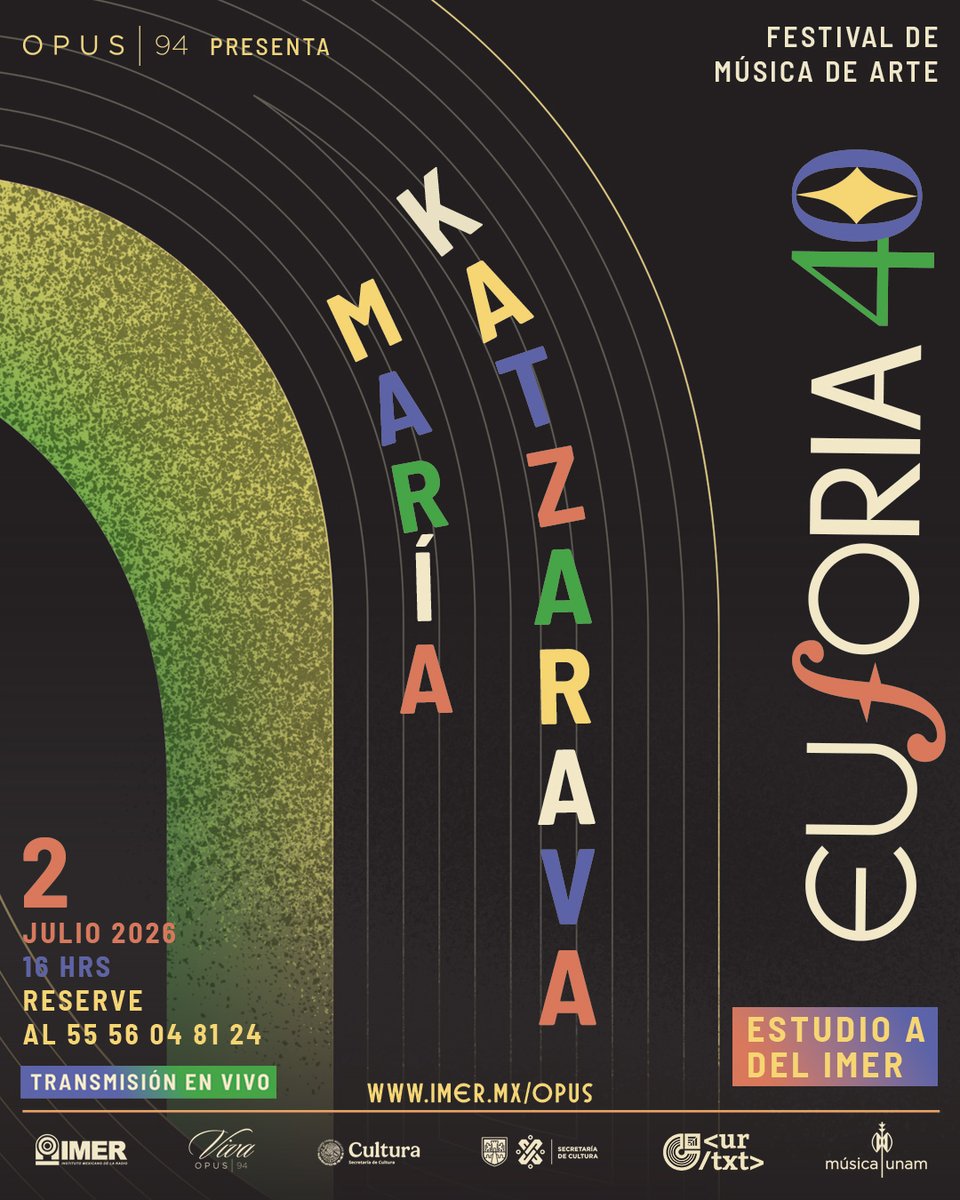 Opus945fm's tweet photo. #40AñosDeOpus94AlAire 
#FestivalEuforia
María Katzarava, soprano

Entrada libre 

📆 Jueves 02 de julio
⏲ 16 h
📍 Estudio A del IMER
📻 94.5 fm CDMX
🌐 https://t.co/nfC4rNuuMW
Transmisión en vivo:
https://t.co/Jzd8GSoDmR https://t.co/MpOBXV6IaA