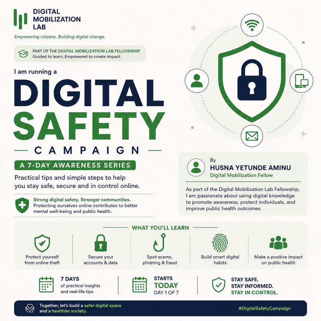 Husna_yetty's tweet photo. Over the past 11 weeks as a Digital Mobilization Fellow, I’ve gained valuable skills in digital advocacy and civic engagement
Starting today, I’ll be running a 7-day Digital Safety Campaign, sharing practical tips to help you protect your accounts.
#DigitalSafety #DML https://t.co/SY7cdDM5Z8