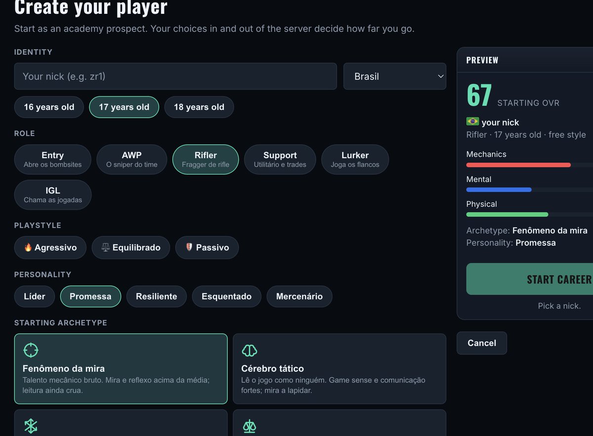 castroomath's tweet photo. 🚨 CHEGARAM 2 MODOS NOVOS no ROAD TO MAJOR, os mais ambiciosos que a gente já fez.

https://t.co/KO2eL2OZNl

E os dois nascem hoje:

🎮 ROAD TO PRO: agora VOCÊ é o jogador
Chega de comandar o time do banco. Aqui você começa como uma promessa e vive a carreira de um astro do CS por dentro: treina seus atributos, cuida da vida fora do servidor, encara a pressão da torcida e da imprensa, assina contratos, muda de time e decide tudo nos clutches que valem uma carreira. Cada temporada é uma história. A SUA.

🃏ROAD TO MAJOR ULTIMATE: o Ultimate Team do Counter-Strike
Abra pacotes, colecione os jogadores REAIS de 2026 virados em cartas (raridades, foil, química) e monte o elenco dos sonhos. Depois desce pra RANQUEADA online: divisões, subida de elo, temporadas, recompensas, desafios (SBC), missões diárias, cartas especiais TOTS e duelo 1v1. A fissura de abrir pacote junto com a adrenalina do competitivo no mesmo modo.

💎 COMO JOGAR OS DOIS
Road to Pro e Ultimate são **exclusivos da conta vitalícia.
👉 R$20. Uma vez. Pra sempre. Sem mensalidade, sem pay-to-win. (Muito em breve o preço vai subir, então corre!)

E ela ainda te dá:
⭐ Selo de FUNDADOR #001 ao #500 (só as primeiras 500 contas)
☁️ Save na nuvem (jogue em qualquer aparelho)
🗂️ Até 5 carreiras
🏆 Ranking oficial

A Carreira e o Draft seguem 100% grátis. Os 2 modos novos são pra quem banca o projeto. 💛

⏳ Os selos de Fundador são numerados e limitados. Quando os 500 acabarem, o selo some pra sempre.

🎮 Vira Fundador e joga agora 👉 https://t.co/KO2eL2OZNl
#CS2 #CounterStrike #esports #UltimateTeam #gamedev