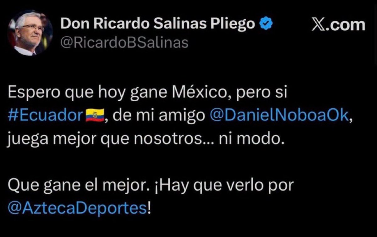 DavidVargasA18's tweet photo. Ricardo Salinas Pliego, sigue en contra de la selección de México, pues ha perdido mucho dinero en la transmisión. Este Mundial le sabe amargo, no quiere que gane México.

#LaPerritaDeTrump apoya a Daniel Noboa, gobierno de la ultraderecha en Ecuador: #LaPerritaDeNoboa
RT👇 https://t.co/SEAjdgxPVl