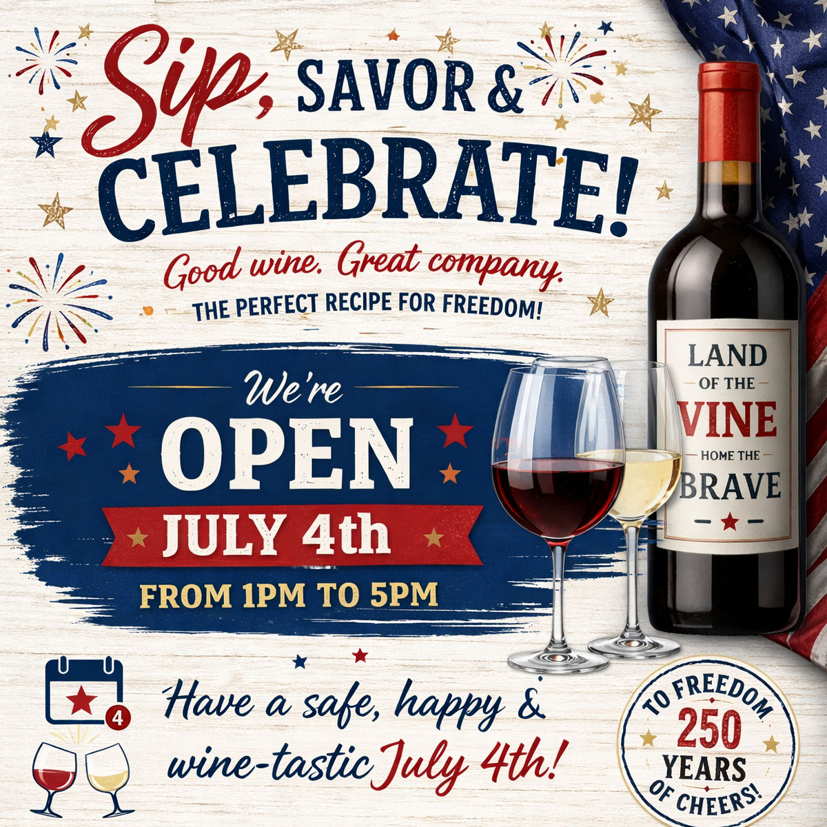 WineStylesSR's tweet photo. 🇺🇸🍷🍺Grab your reds, whites &amp; brews early!! We're OPEN July 4th from 1:00PM to 5:00PM! #HappyJuly4th #LetFreedomPour #RedWinesAndBrews #CheersToFreedom #250Years #July4th #Cheers #winestyles #SouthRiding #Chantilly https://t.co/THXp5Gdwga