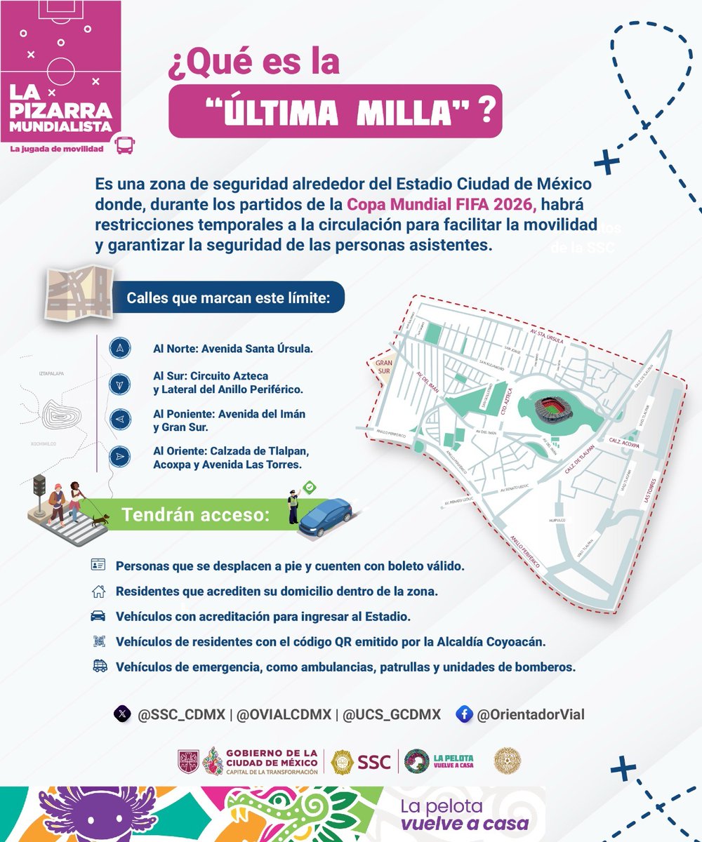 SSC_CDMX's tweet photo. ¿Sabes qué es la #ÚltimaMilla? 
 
Es un operativo de seguridad y vialidad que se implementará en las inmediaciones del Estadio #CiudadDeMéxico en los días que haya partidos del #Mundial2026.
 
Conoce más sobre este dispositivo aquí: 👇
https://t.co/2jrfyyoLO4
 
🚨Números de emergencia y atención:
☎️ 911
📱 App Mi Policía
🟢 WhatsApp: 👮🚓
+52 55 4331 9636 (Unidad de Contacto del Secretario)
+52 55 4891 1166 (Centro de Atención al Turista)
   
#SeguridadMundial