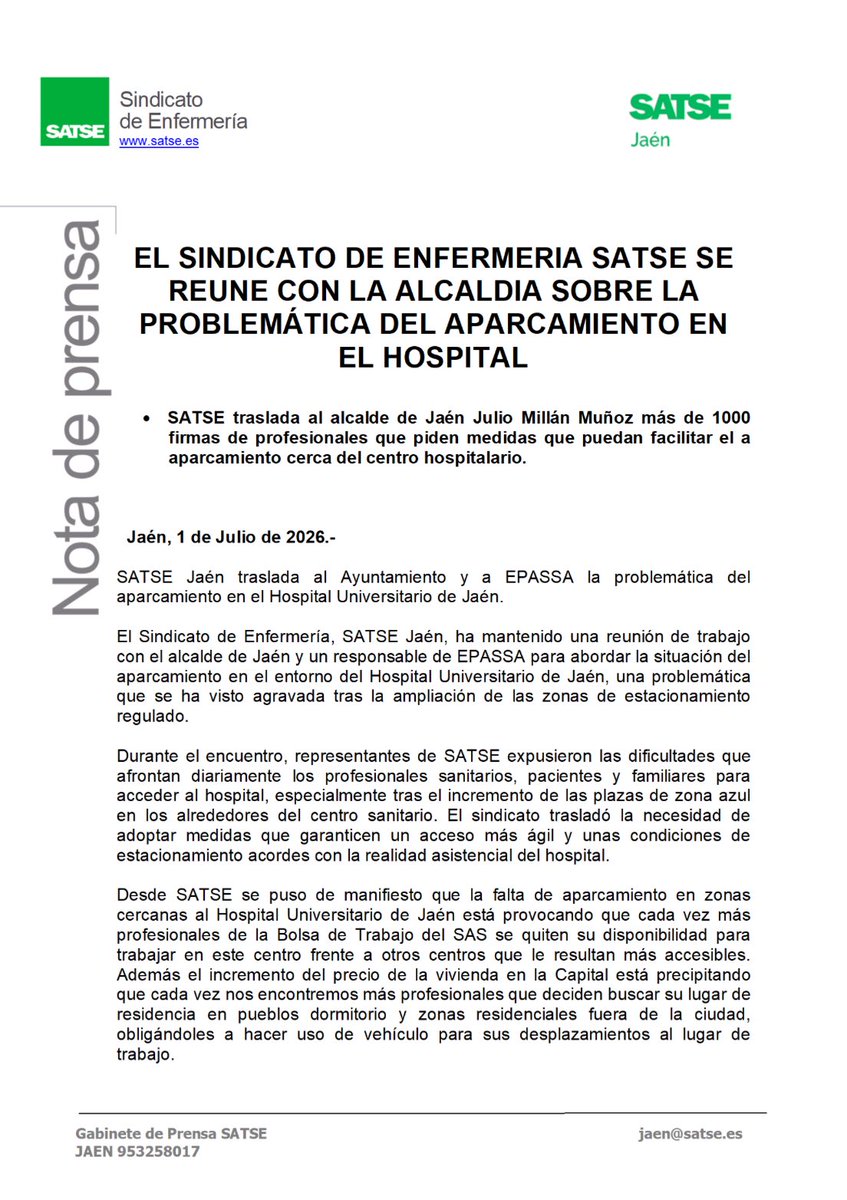 JAENSATSE's tweet photo. SATSE Jaén se reúne con Julio Millán, alcalde de Jaén, y EPASSA para intentar buscar alternativas y soluciones ante la puesta en marcha de la nueva ampliación de la zona azul en los alrededores del Hospital Universitario de Jaén. https://t.co/F1swwQ6PsM