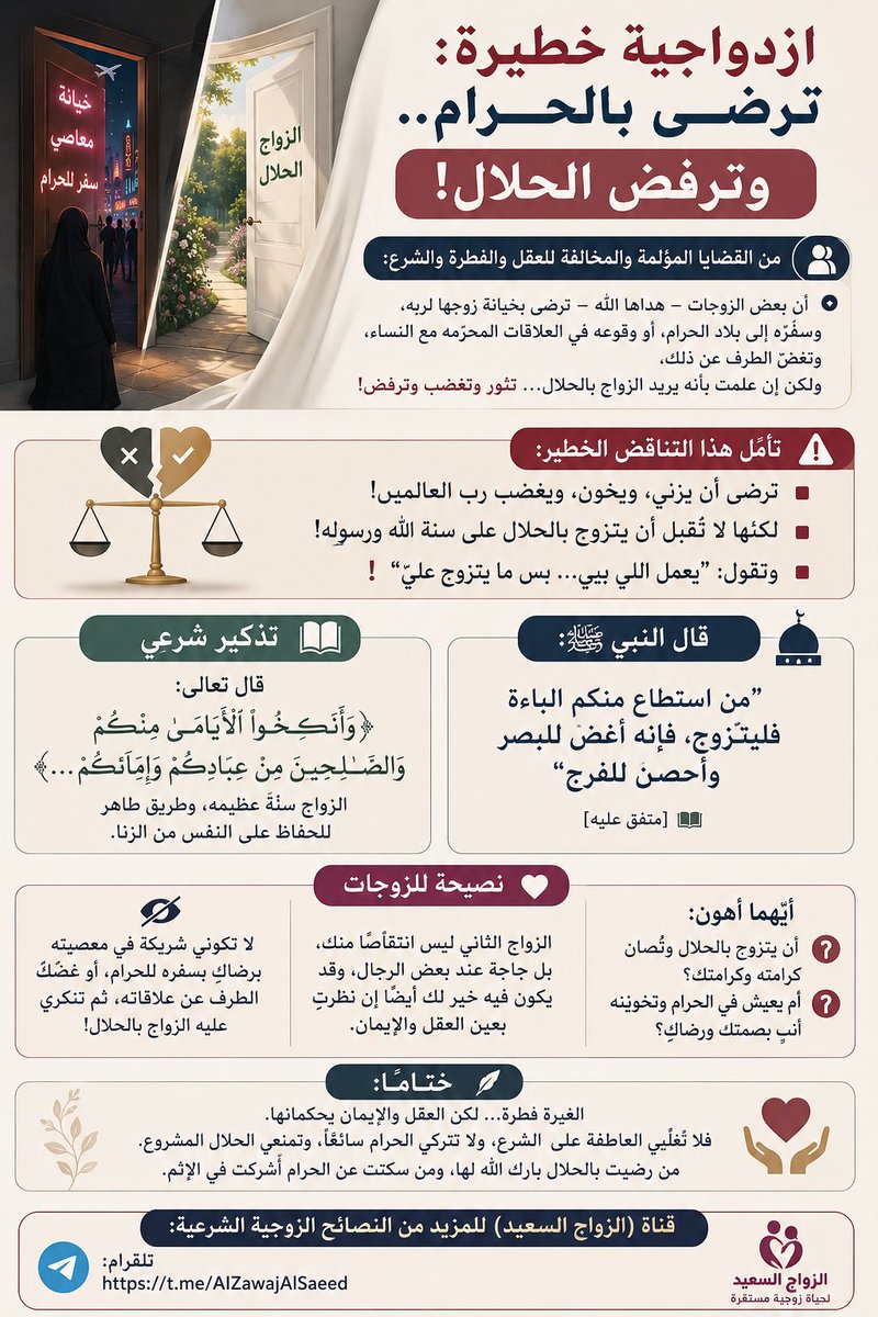 FamilycCounsel's tweet photo. 📌 ازدواجية خطيرة: ترضى بالحرام.. وترفض الحلال!

● من القضايا المؤلمة والمخالفة للعقل والفطرة والشرع:

■ أن بعض الزوجات – هداها الله – ترضى بخيانة زوجها لربه، وسفره إلى بلاد الحرام، أو وقوعه في العلاقات المحرّمة مع النساء، وتغضّ الطرف عن ذلك،

● ولكن إن علمت بأنه يريد الزواج بالحلال… تثور وتغضب وترفض!

🔻 تأمل هذا التناقض الخطير:

■ ترضى أن يزني، ويخون، ويغضب رب العالمين!
■ لكنها لا تقبل أن يتزوج بالحلال على سنة الله ورسوله!
■ وتقول: "يعمل اللي يبي… بس ما يتزوج عليّ!" ❗

🔹 تذكير شرعي:

● قال تعالى:

 ﴿وَأَنكِحُوا ٱلْأَيَامَىٰ مِنكُمْ وَٱلصَّـٰلِحِينَ مِنْ عِبَادِكُمْ وَإِمَآئِكُمْ...﴾ 

🔸 الزواج سُنة عظيمة، وطريق طاهر للحفاظ على النفس من الزنا.

● قال النبي ﷺ:

 "من استطاع منكم الباءة فليتزوج، فإنه أغضّ للبصر وأحصن للفرج"
📚 [متفق عليه]

🔸 نصيحة للزوجات:

■ أيّهما أهون:

• أن يتزوج بالحلال وتُصان كرامته وكرامتك؟
• أم يعيش في الحرام وتخونينه أنتِ بصمتك ورضاكِ؟

■ الزواج الثاني ليس انتقاصًا منك، بل حاجة عند بعض الرجال، وقد يكون فيه خير لك أيضًا إن نظرت بعين العقل والإيمان.

■ لا تكوني شريكة في معصيته برضاكِ بسفره للحرام، أو غضّك الطرف عن علاقاته، ثم تنكري عليه الزواج بالحلال!

📢 ختامًا:

الغيرة فطرة… لكن العقل والإيمان يحكمانها.

فلا تُغلّبي العاطفة على الشرع، ولا تتركي الحرام سائغًا، وتمنعي الحلال المشروع.

من رضيت بالحلال بارك الله لها، ومن سكتت عن الحرام أُشركت في الإثم.