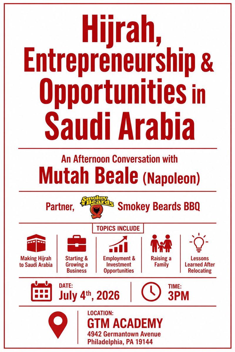 MutahNapoleon's tweet photo. I will be in #Philadelphia this weekend on the 4th of July, In shaa Allah, for a talk on Hijrah, entrepreneurship, business, and the experience of living in Saudi Arabia.

📍 Germantown Academy
🕒 3:00 PM

I look forward to seeing you there, in shaa Allah. @GtownMasjid https://t.co/Mha1xuuZO7
