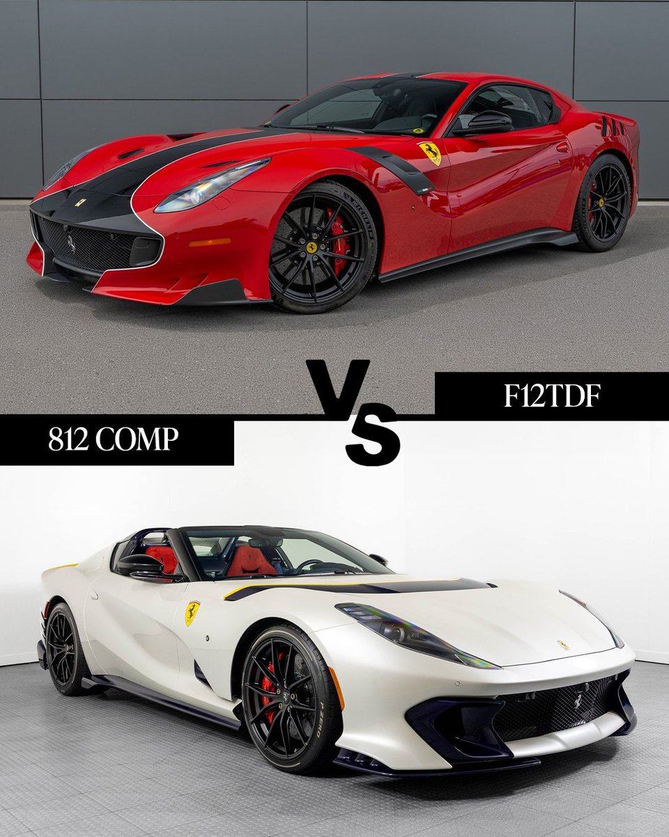 duPontREGISTRY's tweet photo. Two front-engine V12 masterpieces. One impossible choice.

The Ferrari F12tdf took the already ferocious F12berlinetta and transformed it into one of the most visceral road cars Maranello has ever built. Aggressive, unpredictable, and inspired by Ferrari's Tour de France victories, it quickly earned its place among the brand's modern greats.

Then came the Ferrari 812 Competizione. More power, more precision, and the highest-revving road-going V12 Ferrari had ever produced. It represents the final evolution of Ferrari's naturally aspirated front-engine V12 formula.

If you're choosing Ferrari's ultimate front-engine V12, which gets the spot in your garage: F12tdf or 812 Competizione?

See what people are saying on https://t.co/HhBvkLj4ww