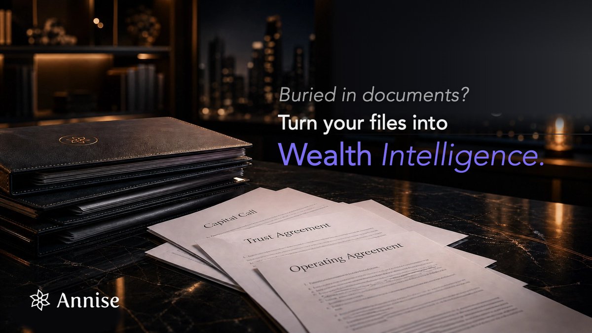 Annise_io's tweet photo. Most families don’t have a document problem. They have an intelligence problem.

Capital calls, trusts, and operating agreements scattered everywhere — until Annise connects them to your assets and decisions.

New article: Turning family office files into Wealth Intelligence
https://t.co/65enfLryT2

Start your no-obligation trial → https://t.co/HWHDuacCla