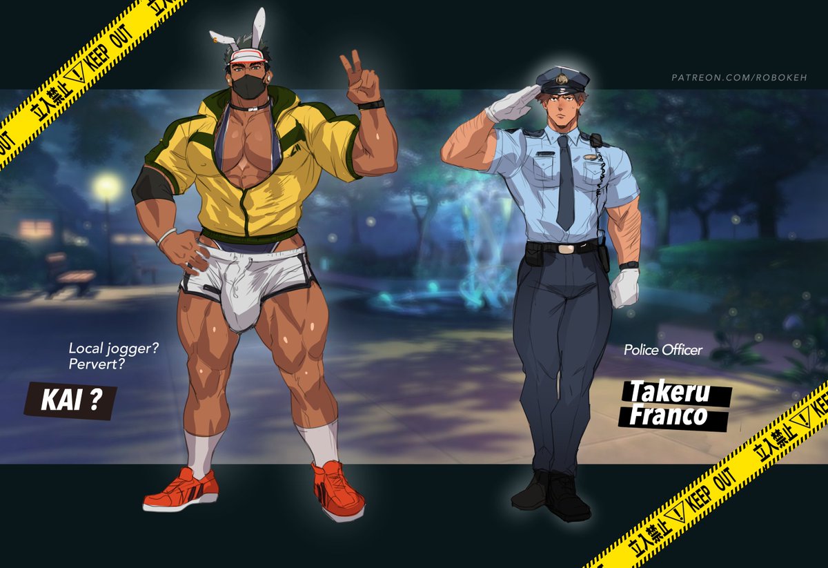 Robodraws's tweet photo. New comic announcement! ⚠️

Strict police officer Takeru is patrolling the park at night when reports emerge of the “Perverted Bunny-Man” — a guy jogging in extremely skimpy outfits.

Will Takeru catch this lewd troublemaker… or get corrupted himself? 👮‍♂️ Find out this month!

(Extra story and character details available on my page.)