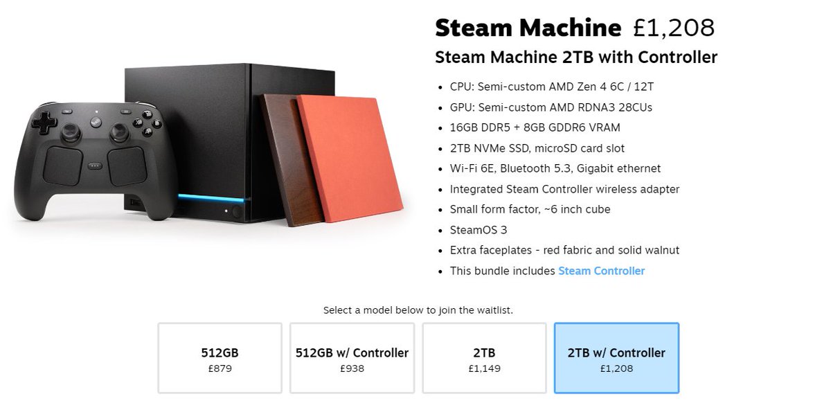 fcbshaheen's tweet photo. Steam Machine is a scam in the UK. Low powered laptop hardware. Also shot themselves in the foot with the 4K claims.

Do yourself a favour and build a system. Much better value for money.💰 https://t.co/LAsF3TNMM2