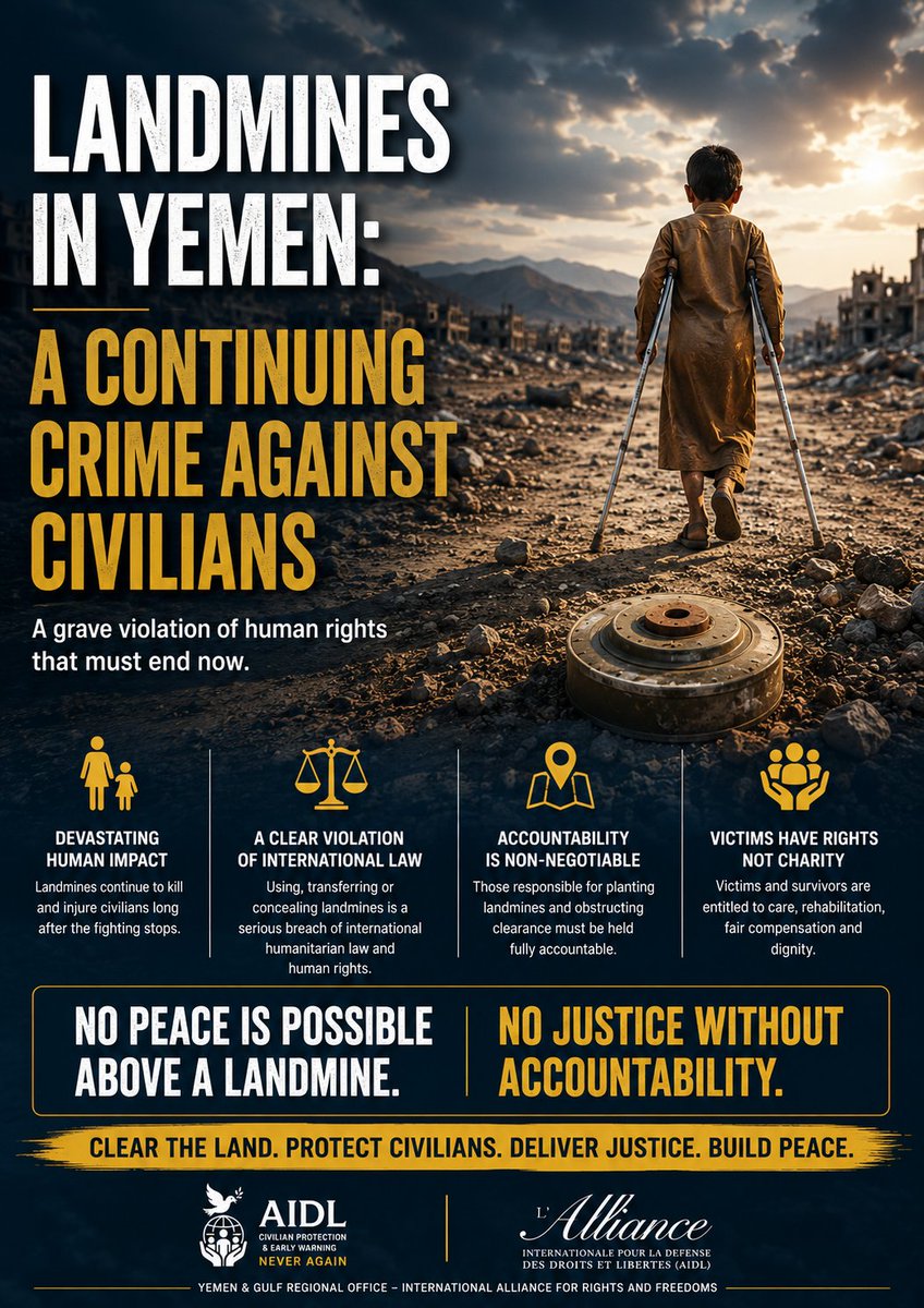 AIDLEU's tweet photo. Landmines in Yemen are a continuing crime against civilians and a grave violation that must not be marginalized in any peace process

Issued by the Yemen and Gulf Regional Office of the l’Alliance Internationale pour la Défense des Droits et des Libertés AIDL, The Yemen and Gulf Regional Office of the International Alliance for Rights and Freedoms expresses its strong condemnation of the ongoing humanitarian and human rights catastrophe caused by landmines and explosive remnants of war in Yemen, as one of the most dangerous forms of prolonged harm inflicted on civilians after the cessation of hostilities.

The Regional Office considers that the situation in Yemen must not be treated as a merely technical or limited humanitarian file, but as a matter of legal accountability and human rights protection of the highest priority, directly affecting the rights to life, physical integrity, freedom of movement, safe return, and dignified living.

The report of the Office of the United Nations High Commissioner for Human Rights, A/HRC/62/34, on the impact of anti-personnel mines on human rights, reinforces the seriousness of this issue and confirms that landmines produce devastating and long-term consequences for individuals and communities, particularly in contexts where danger persists after military operations have ended.

The Regional Office affirms that Yemen remains among the countries most affected by landmines and explosive remnants of war, reflecting a grave failure to protect civilians and to ensure that the parties responsible comply with their legal and humanitarian obligations.

Planting, transferring, storing, concealing the locations of landmines, or refusing to hand over mine maps constitutes an extremely serious violation and turns the land itself into an indiscriminate instrument of death targeting children, women, farmers, displaced persons, and civilians returning to their areas.

The Regional Office stresses that any party that has used landmines, facilitated their spread, or obstructed their removal must be subject to full accountability, without immunity, without political compromise, and without postponing the rights of victims.

It further emphasizes that any political settlement in Yemen that fails to place the landmine file at the forefront of priorities will remain incomplete and dangerous, as it leaves civilians exposed to daily death and allows this crime to continue in silence.

The Regional Office calls for urgent and binding measures, including the full disclosure of landmine maps, the expansion of survey and clearance operations, the protection of civilians in areas of return and displacement, the provision of medical treatment, rehabilitation, and fair compensation for victims and survivors, and the opening of an independent accountability process regarding responsibility for the planting and spread of landmines.

Landmines in Yemen are not remnants of war.

They are a continuing crime against civilians.

There can be no genuine peace in Yemen without removing landmines, disclosing their maps, delivering justice to victims, and holding those responsible accountable under international law.

https://t.co/tKnaSuJL5P