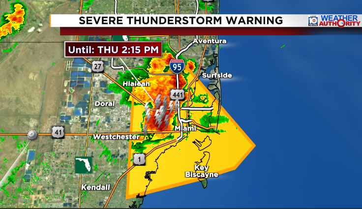 BrandonOrrWPLG's tweet photo. A Severe Thunderstorm Warning is in effect for downtown Miami until 2:15pm. A thunderstorm moving south is producing numerous cloud-to-ground lightning strikes, wind gusts up to 60mph, and small hail. #FLwx https://t.co/7hfb6p7mCJ