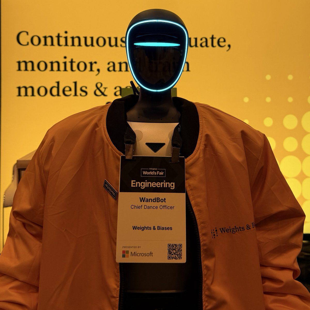 wandb's tweet photo. Final day at the @aiDotEngineer AI World's Fair in SF. 

We are at Booth U-G24, and our Chief Dancing Officer is reporting for duty. 

Come talk agents, evals, and models with the W&amp;B team. https://t.co/J5grwPN4IQ