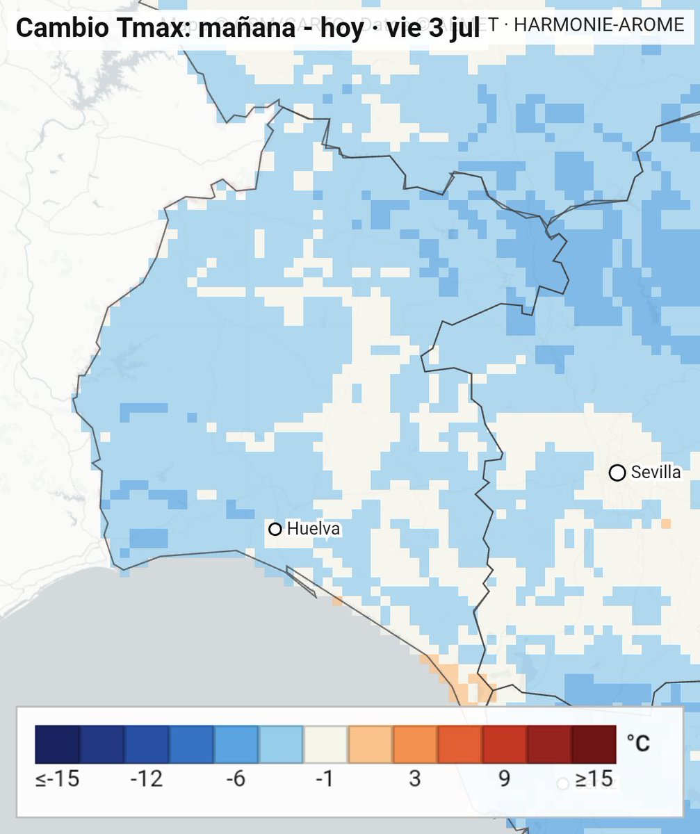 Meteohuelva's tweet photo. Mañana bajan ligeramente las temperaturas en gran parte de la provincia (ver mapa adjunto) y no tendremos valores tan altos como los de ayer y hoy.

Este descenso será algo pasajero porque el sábado se espera una nueva subida haciendo que el fin de semana sea muy caluroso.

Paciencia porque el ansiado alivio térmico no llegará hasta mediados de la semana que viene.