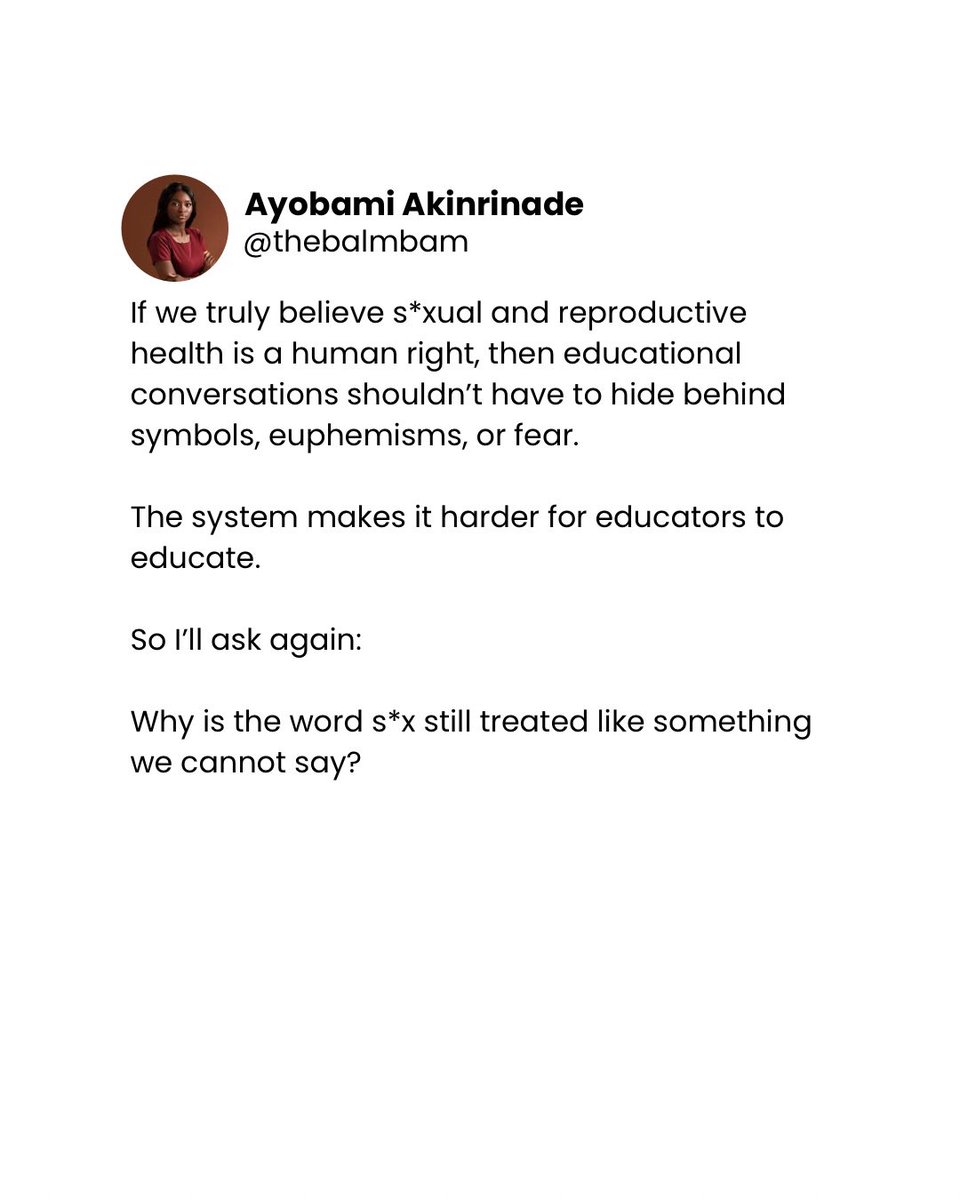 TheBalmbam's tweet photo. Why is the word s*x still treated like it’s too dangerous to say?

I’m asking this as a s*x educator. https://t.co/CflUyEAR3N