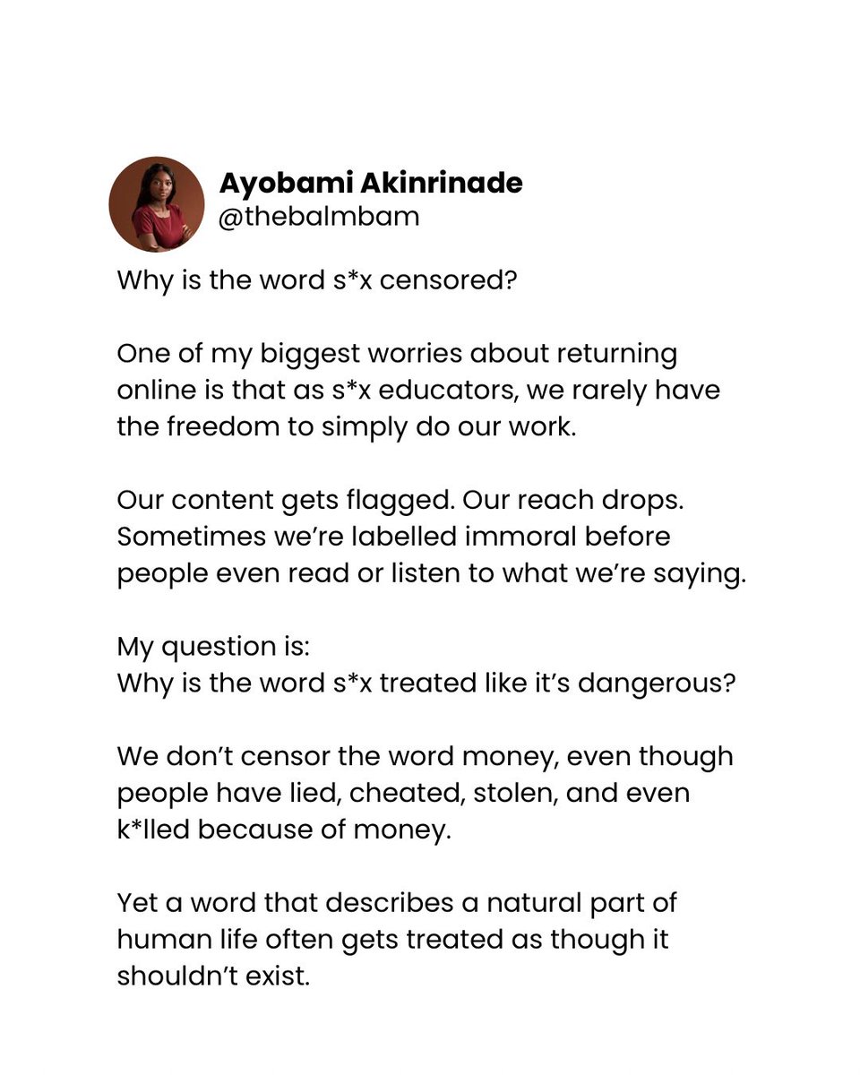 TheBalmbam's tweet photo. Why is the word s*x still treated like it’s too dangerous to say?

I’m asking this as a s*x educator. https://t.co/CflUyEAR3N