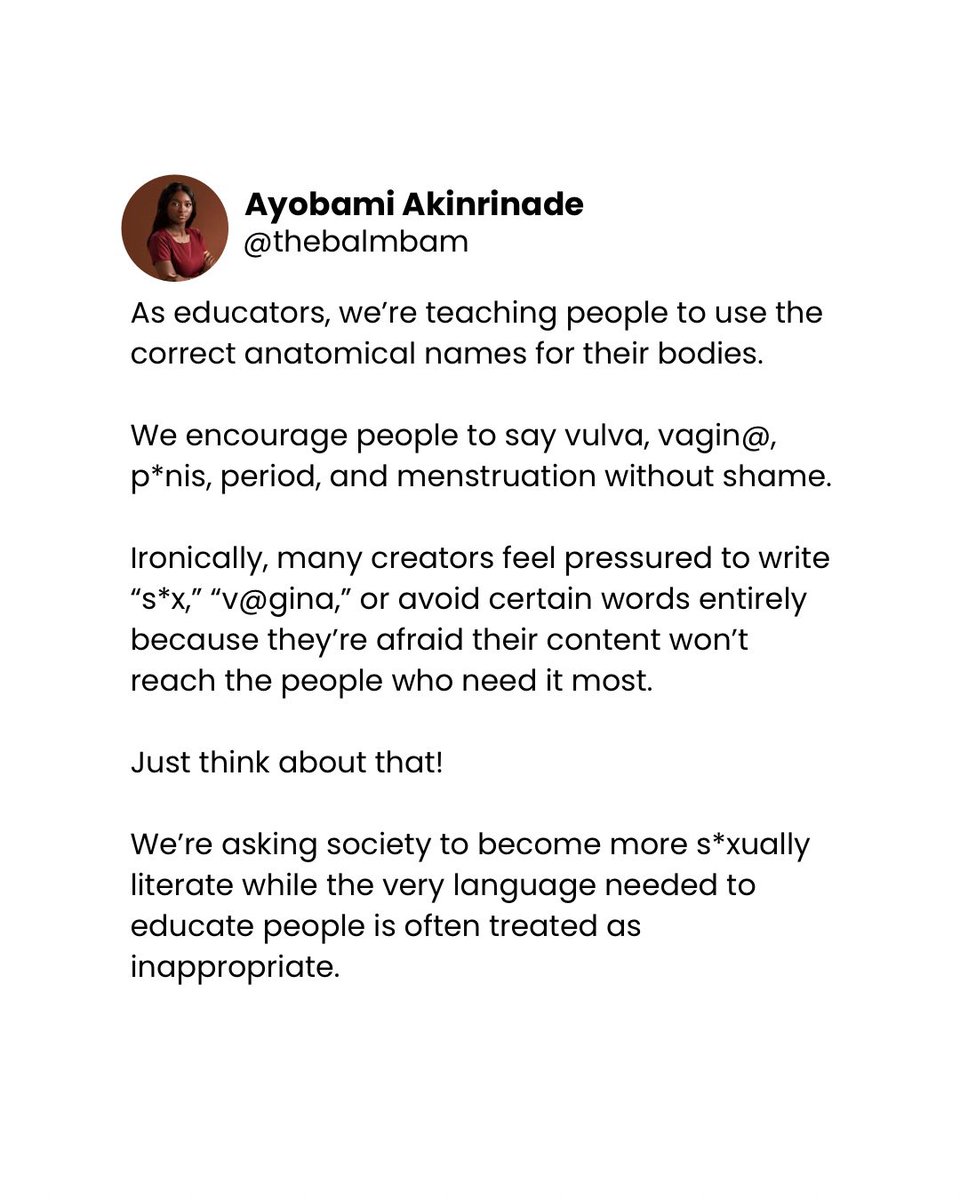TheBalmbam's tweet photo. Why is the word s*x still treated like it’s too dangerous to say?

I’m asking this as a s*x educator. https://t.co/CflUyEAR3N