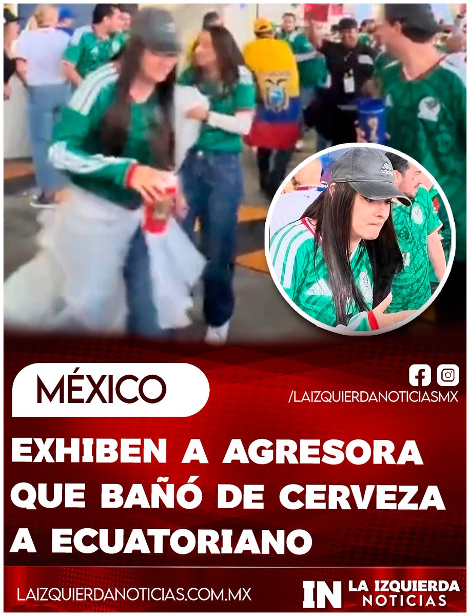 IzqNoticiasMx's tweet photo. ¡LA TUNDEN! Las redes sociales identificaron Emilia Chomer, como la persona que en una actitud totalmente reprobable bañó de cerveza a un aficionado ecuatoriano al terminar el partido México vs Ecuador. Supuestamente es la propietaria de una agencia de viajes en la Ciudad de México y ante la exhibida borró todas sus cuentas de redes.