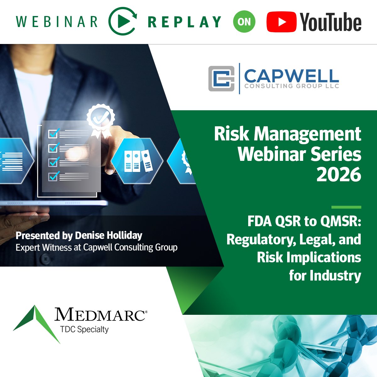 MedmarcIns's tweet photo. Our next #RiskManagement webinar will be on July 30th at 2 PM ET with Denise Holliday - Capwell Consulting Group. This session is designed for medical device manufacturers, attorneys, expert witnesses, risk managers, and insurance professionals seeking to understand how the transition to QMSR may affect regulatory compliance, product liability exposure, and organizational risk.  Register now: https://t.co/ryXa8fjyup  

#MedicalDevice
#ProductsLiability 
#Medmarc 
#QMSR