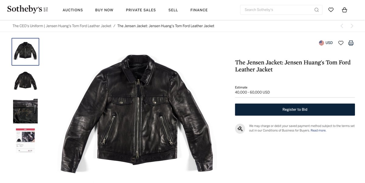 gurgavin's tweet photo. AN AUTOGRAPHED JACKET OF NVIDIA CEO JENSEN HUANG IS UP FOR AUCTION ON SOTHEBYS

IT'S SIGNED BY HIM AND HE ACTUALLY WORE THIS EXACT JACKET IN THE PAST

IT'S ESTIMATED TO SELL FOR $40,000–$60,000

$NVDA https://t.co/jedGiznXYO
