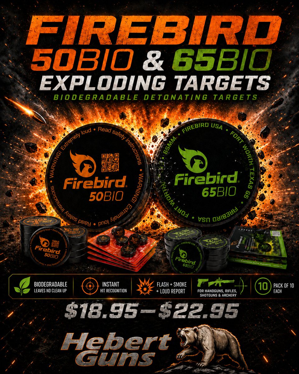 HebertGuns70769's tweet photo. Firebird Targets deliver instant hit recognition with a loud report, flash, and smoke.
$18.95β$22.95 | Pack of 10
#HebertGuns #FirebirdTargets #ExplodingTargets #ReactiveTargets #RangeDay #TargetPractice #BiodegradableTargets #FirearmTraining #AccuracyTraining https://t.co/F377oAiGOL