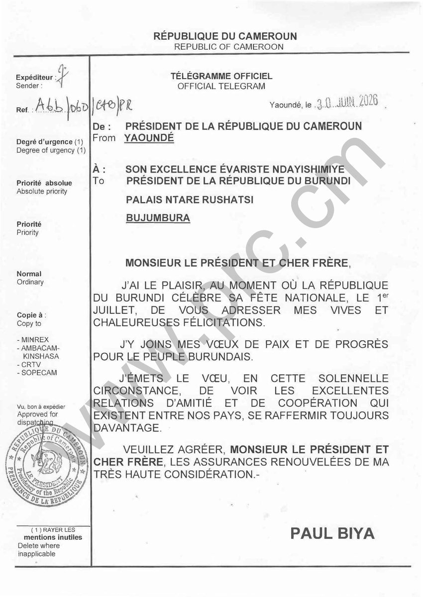 CabinetCivilPRC's tweet photo. 🇨🇲🇧🇮
Message de félicitations du Président Paul Biya à Son Excellence Evariste Ndayishimiye, à l'occasion de la célébration de la fête nationale de la République du Burundi, le 1er juillet 2026.

#PaulBiya
#Cameroun https://t.co/lsqW8x5Qhv