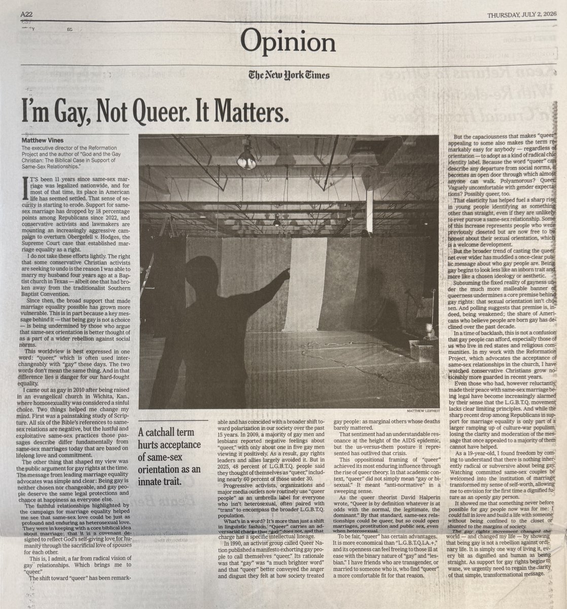 VinesMatthew's tweet photo. I'm in print in The New York Times today: "I'm Gay, Not Queer. It Matters."

So many gay (and bisexual and transgender) people agree with me, but we have felt it nearly impossible to speak up without being shouted down. But the tides are now starting to turn. I'm very grateful. https://t.co/BZoxkAOFLH