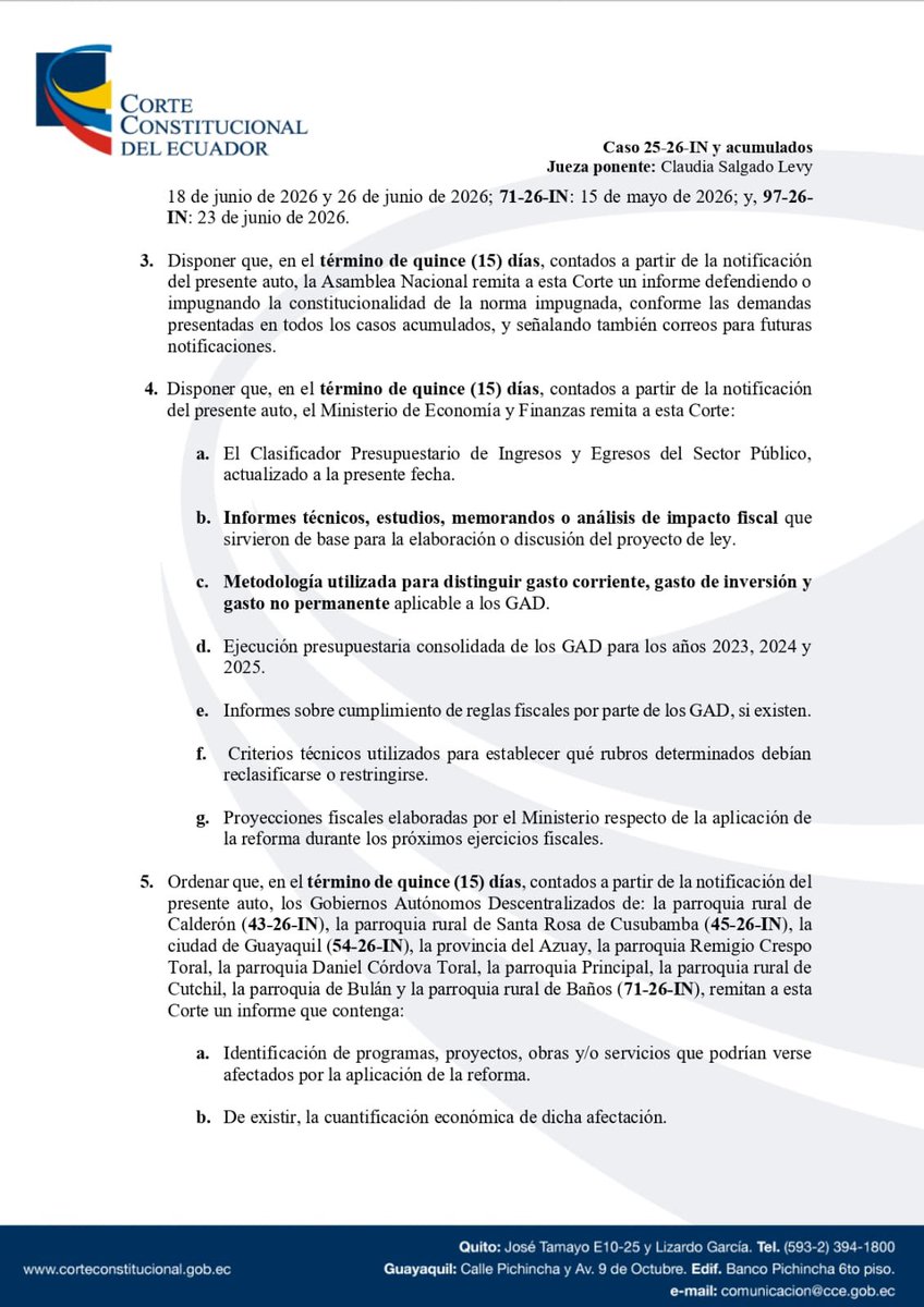 LagranjaEc's tweet photo. La @CorteConstEcu dispuso que, en 15 días, el Ministerio de Economía y Finanzas entregue los informes técnicos, estudios, memorandos y análisis de impacto fiscal que sirvieron de base para la reforma al COOTAD, impulsada por el Gobierno de Daniel Noboa y aprobada en febrero de este año.

En otras palabras, Finanzas deberá explicar con documentos cómo se justificó el cambio de la regla fiscal para los Gobiernos Autónomos Descentralizados y cuál será su impacto en la inversión, los servicios públicos y el ejercicio de derechos de la ciudadanía.

La Corte también pidió información sobre la ejecución presupuestaria de los GAD en 2023, 2024 y 2025, además de la metodología usada para distinguir gasto corriente, gasto de inversión y gasto no permanente.

La reforma fue publicada en el Registro Oficial el 23 de febrero de 2026 y desde entonces enfrenta varias demandas de inconstitucionalidad acumuladas.

Ahora, Noboa y su ministra de Finanzas deberán demostrar si la reforma tuvo sustento técnico o si fue otro ajuste impuesto desde el escritorio, sin medir las consecuencias para los territorios.
